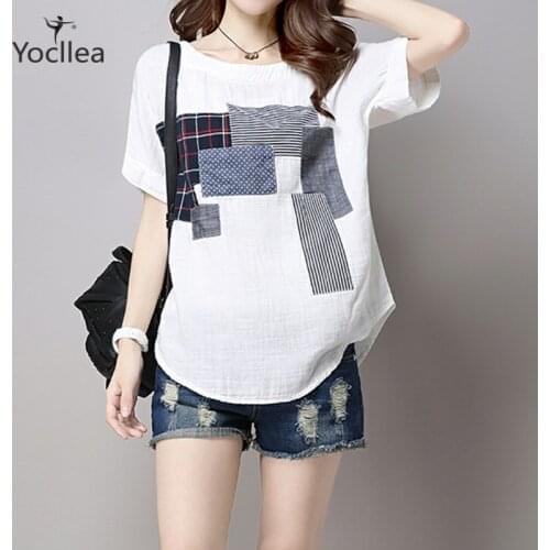 Cotton and Linen short sleeve T-shirt loose large Size patchwork O-neck Bottom tshirts Womens tops casual Tees