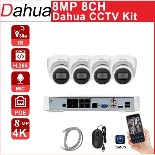 Dahua CCTV kit POE NVR 4K 8MP NVR4108-8P-4KS2 IP Camera IPC-HDW2831T-AS-S2 8CH Easy installtion Motion detection APP P2P