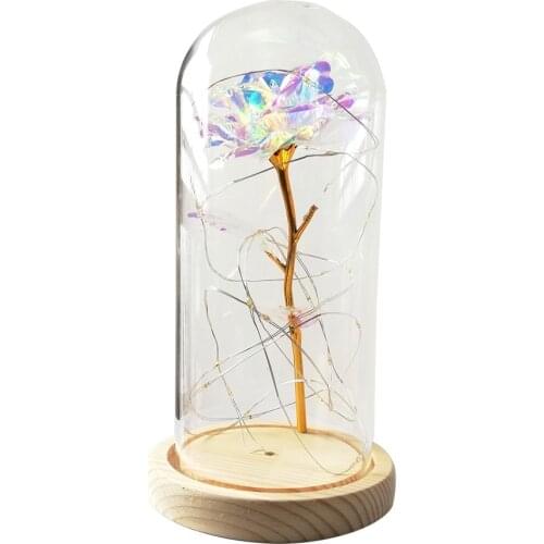 Beautiful immortal rose flower LED lamp with glass cover wooden base Valentines day wedding birthday gift home decoration