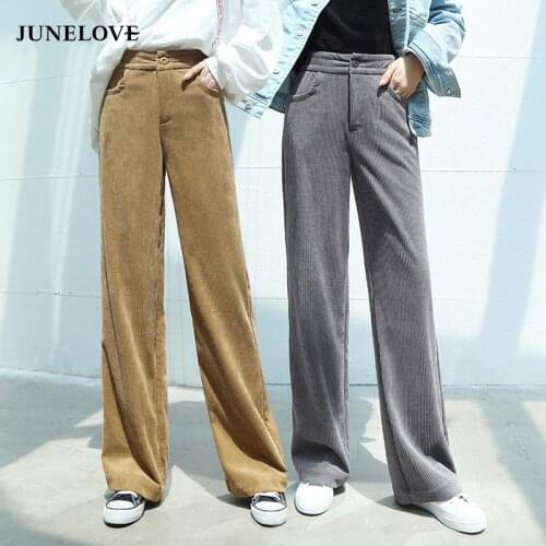 JuneLove autumn women solid wide leg pants ladies casual corduroy elegant pants female high waist loose leggings vintage bottoms