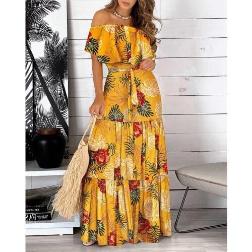 Summer Ruffled Off-shoulder Lace-up Bohemian Print Long Dress Women Beach Party Holiday Wears Pleated Dress Sundress Vestidos