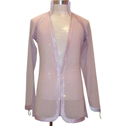 Elastic mesh Swarovski stone Men ballroom Latin body shirt rhinestone long sleeve V neck stand collar