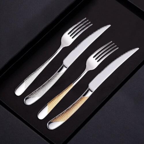 Western Silverware Tableware 1810 Stainless Steel Golden Cutlery Set Portable Spoon Fork Sharp Knife Dinnerware Set Kitchen kit