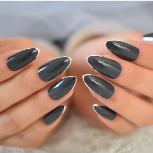 24pcs Black Faux Ongles Fake French Stiletto Artificial Fingernail With Glue Tape False Press On Nails DIY Manicure Tool