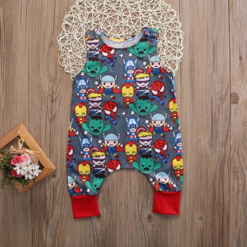 2020 New Cute Newborn Baby Boy Girl Clothes Sleeveless Cartoon Hero Print Romper Jumpsuit Outfit Baby Coloful Clothes 0-24M