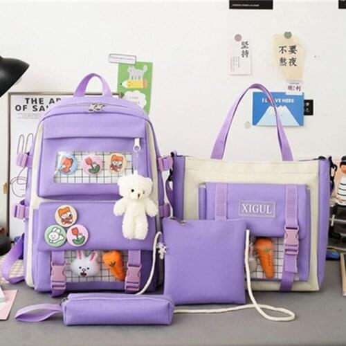 2021 New Canvas School Backpack Female Four-Piece Student Solid Color Casual Cute School Bag For Girls