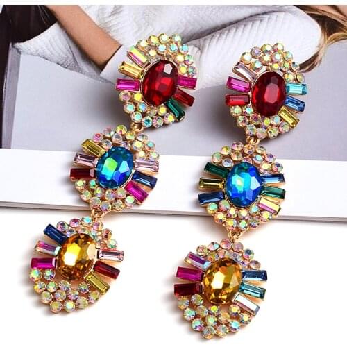 New Statement Long Metal Crystal Dangle Drop Earrings High-Quality Fashion Glass Jewelry Accessories For Women