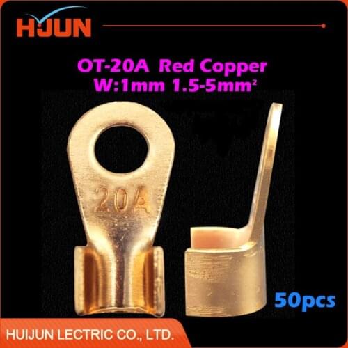 50pcs/lot OT-20A 6.2mm Dia Red Copper Circular Splice Crimp Terminal Wire Naked Connector for 1.5-5 Square Cable
