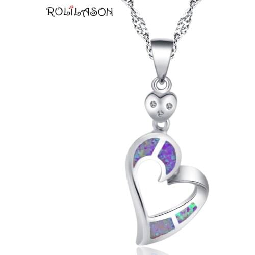 ROLILASON charming heart-shaped silver color stamped pink opal necklace pendant high-end business gift for women OP865