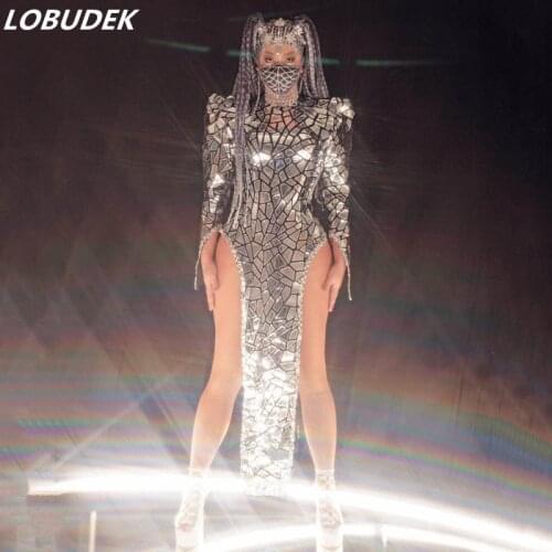 Silver Laser Sequins Backless Slit Dress Sexy Women Dancer Singer Performance Reflective Costume Nightclub Party Stage Show Wear