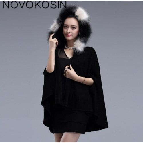 SC128 2017 Winter Warm Plus Size Knitted Hole Sleeves Black Poncho Royal Blue Shawl Women Faux Fox Fur Cardigan Coat With Hat