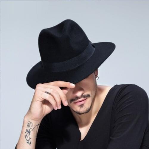 Male wool felt British Panama Jazz hat 100% wool fedora felt hat Black Panama hat Wide brim classic trilby hat B-1509
