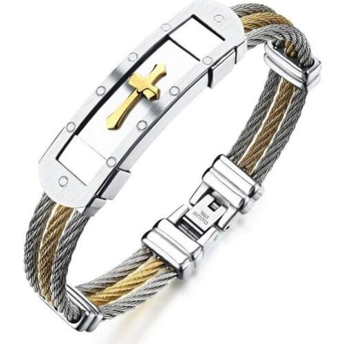 Unisex Stylish Stainless Steel Three Layer Cross Bangle Wrist Bracelet Punk Vintage Streetwear Jewelry Accessory
