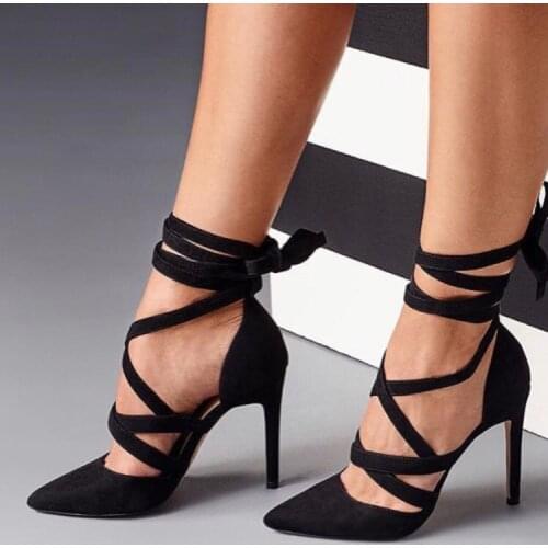 New Autumn High Heels Shoes Stiletto Heeled Flock Pointed Toe Sandals beautiful Ankle Straps Lace Up Women Party Pumps