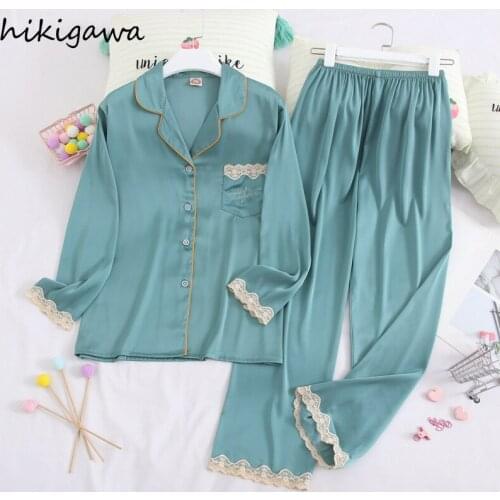 Hikigawa Spring Autumn Breathable Silk Pajamas Set Women Korean Sweet Long-sleeved Trousers Home Service Solid Casual Nightwear