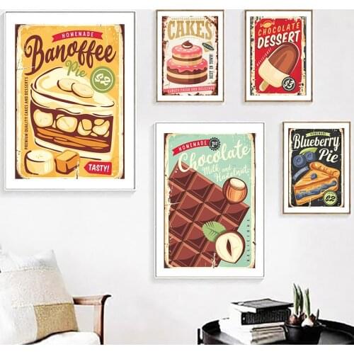 Cake Blueberry Pie Chocolate Vintage Wall Art Canvas Painting Nordic Posters And Prints Wall Pictures For Kitchen Home Decor