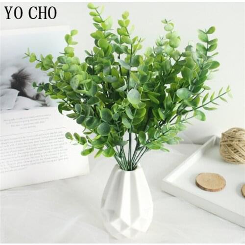 YO CHO Artificial Plants 7 Forks Plastic Eucalyptus Leaves Green Twigs Fake Eucalyptus Plants Forest Style Wedding Home Decor