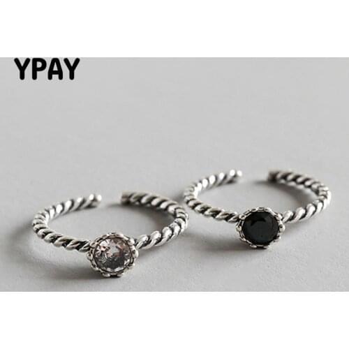 YPAY Real 925 Sterling Silver Open Rings Retro Twist White/Black Zircon Adjustable Finger Ring Korea Style Fine Jewelry YMR249
