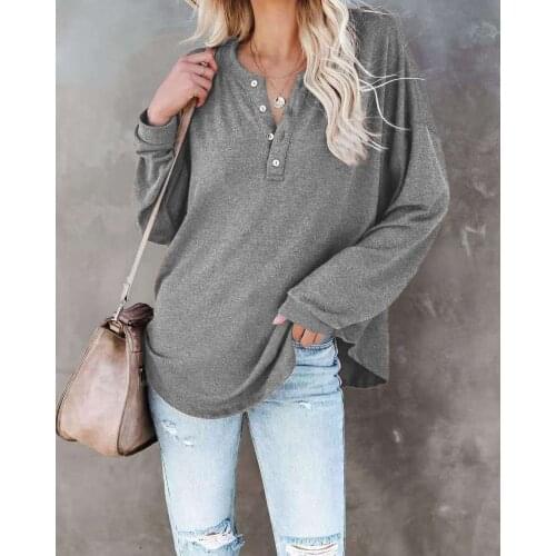 Womens Top Spring Autumn Solid Color T-Shirts Button V-Neck Long Sleeve T Shirts Womens Clothing 2021 Casual Loose Y2K Tops