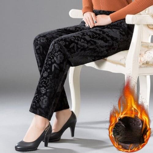 2021 Women New Autumn Winter Middle Age Women Plus Velvet Pants Female Mom High Waist Pants Ladies Print Flower Trouser M703