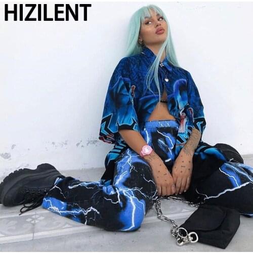 Y2k Womens Lightning Print Streetwear Cargo Pants Women Casual Ladies Jogger Trousers High Waist Hippie Baggy Pants Goth
