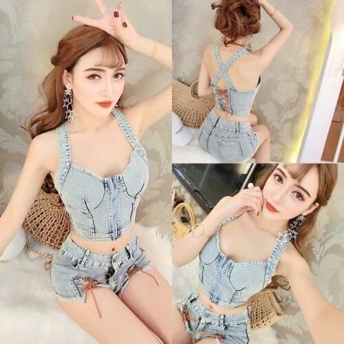 Two Piece Denim Suits Women Sexy Crop Top Camisole Sets Chic Shorts Sets Punk Hollow Out Street Sets Matching Outfits Summer New