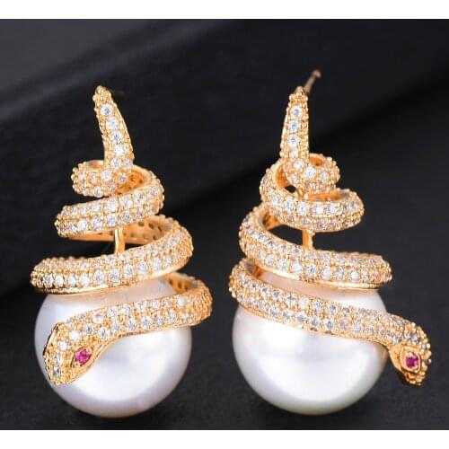 GODKI Trendy Luxury Snake Simulated Pearl Stud Earrings For Women Wedding Cubic Zircon CZ Dubai Bridal Earring Bohemia Hot 2019