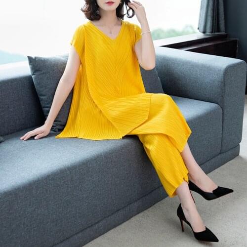 High Quality Pleats Women 2 Piece Set V-Neck Irregular T Shirt and Long Pants Womens Pure Color Office Casual Sets Suit