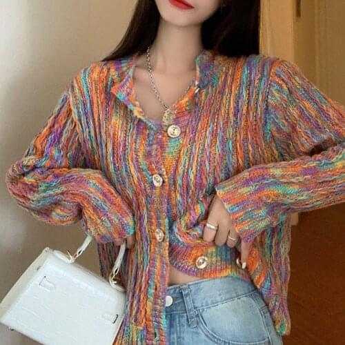 2020 Autumn Winter Cardigans Rainbow Striped Short Sweaters Women Korean Student Casual Ins Chaqueta Mujer Fashion