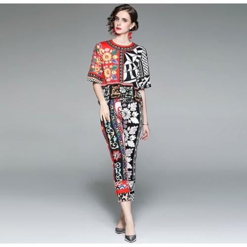 Runway Summer Flower Print Tracksuits Womens Streetwear Half Sleeve Shirt Tops and Pocket Ankle-Length Pants Two Piece Set