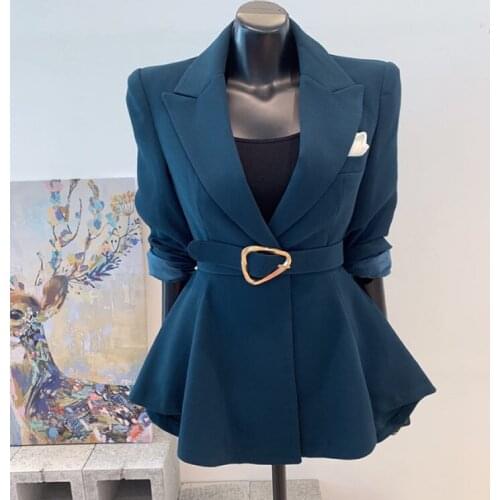 2021 Spring Autumn New Korean Fashion Lace Up Waist Slimming Suit Jacket Women Long Sleeve Skirt Hem Blazer Feminino Coat y1123