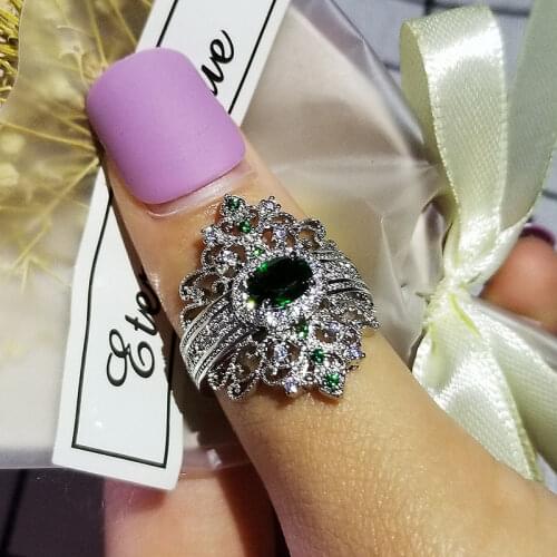 2021 925 sterling silver luxury green color round Retro court style engagement ring for women anniversary gift jewelry R5514
