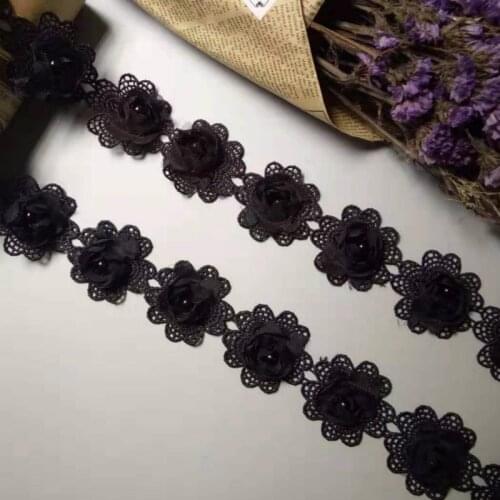 10pcs/lot Black 5x5cm Pearl 3D Flower Tassel Lace Trim Ribbon Fabric Embroidered Applique Sewing Craft Wedding Dress Clothe