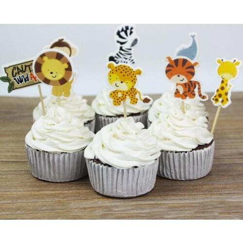 24pcs/set Animal Zoo Cake Cupcake Topper Baking Decorations Kids Happy Birthday party Cake Fruit Toothpick Home Party Supplies