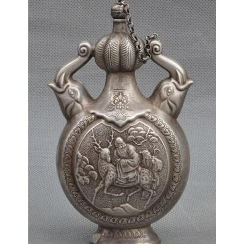 6"Old Tibet silver auspicious Longevity god ride deer Lucky statue snuff bottle
