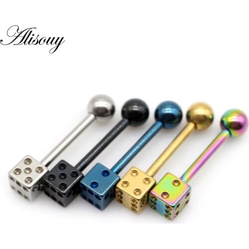 Alisouy 2pcs Punk Unisex Ball Dice Stainless Steel Tongue Rings Bars Girls 14G Industrial Barbells Tongue Piercing Body Jewelry