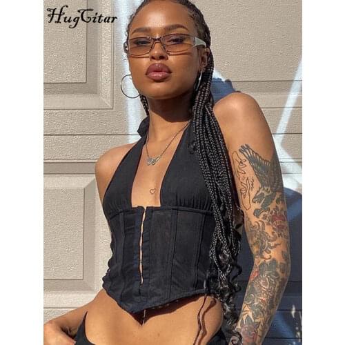 Hugciar 2021 Sexy Sleeveless Bandage Front Cardigan Bodycon Corset Crop Top Skinny Summer Women Fashion Streetwear Tshirt Y2K Ro
