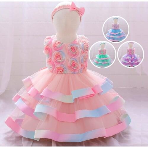 2021 New Send Headband Colorfu Baptism 1st Birthday Dress Baby Girl Ceremony Flower Princess Dresses Party Dress Child Clothes