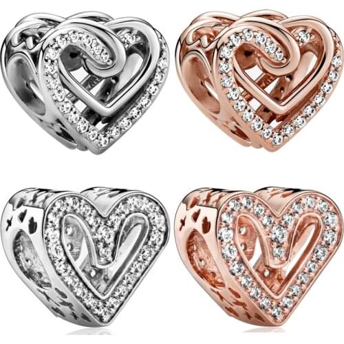 Fit Original Pandora Clear CZ Heart Charms Bracelet Zircon Hollow Hearts Beads DIY Jewelry for Women Fashion Bangles Accessories
