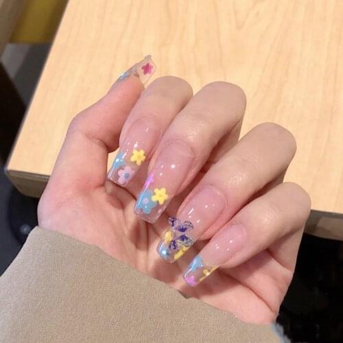 24pcs Colorful Flower Printed Nail Patch Glue Type Removable Long Paragraph Fashion Manicure False Nail Patch Nail Sticker