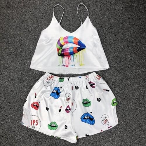 Sexy Pijamas Women Pajama Set Silk Home Suit dinosaur Animal Print Summer V Neck Pyjama Woman Strao Loose Sleepwear Satin Pyjama