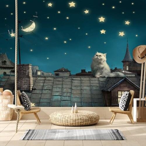 Custom Night Pattern Cat Stars 3d Wallpapers for Kids Boy Bedroom Embossed Textured Walls Paper In Rolls Cabinet Murals Stickers