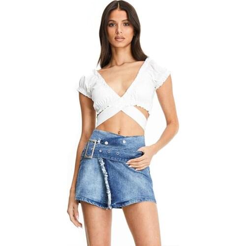 Hot Franse romantische stijl Casual tee dames Straat kleding vintage zomer Solid sexy bandage Cross bandage crop tops T-shirt