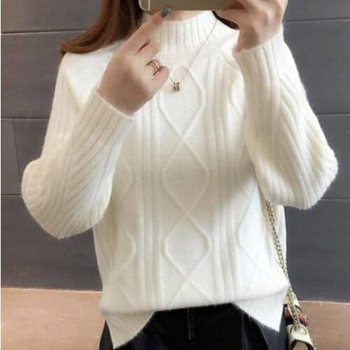Half Turtleneck Pullover Cashmere Sweater Women 2020 Autumn Winter Basic Warm Jumper Pull Femme Hiver Embossing Knitted Sweater