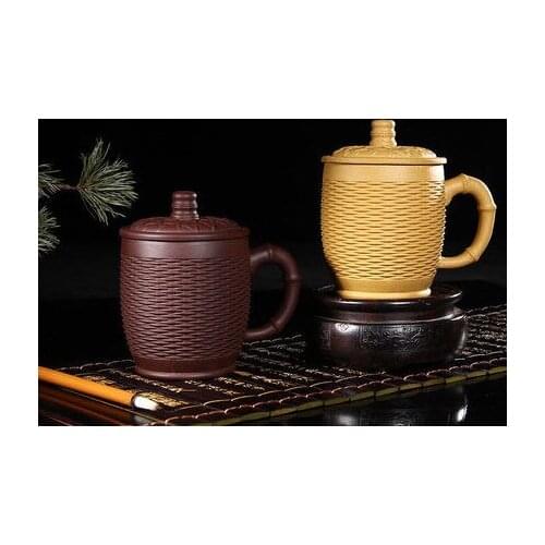 Hand-carved Yixing purple sand Teacups bamboo-type modeling Zisha Cup with lid Office old Purple Clay Tea cup gifts non-ceramic