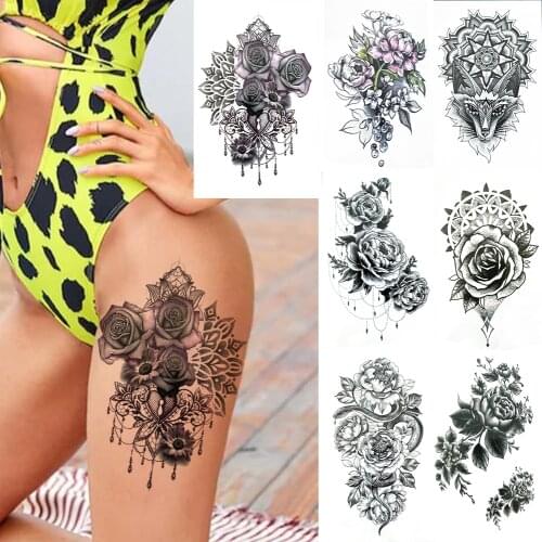 Sexy Rosees Fake Temporary Tattoos For Women DIY Black Camellia Jasmine Tattoo Mandala Henna Flower Lion Tatoo Thigh Snake Daisy