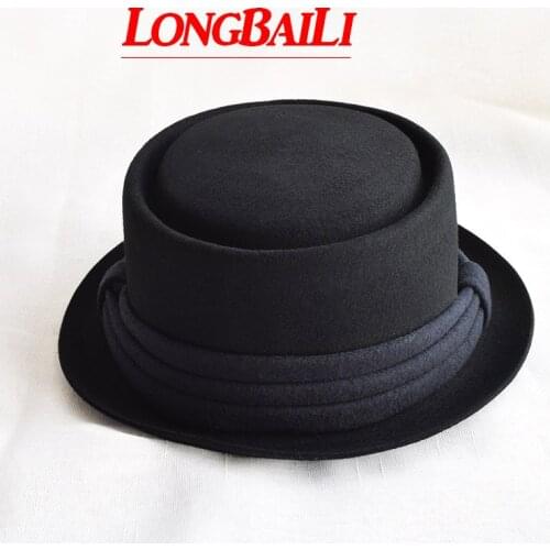 Winter Black Wool Fedora Hats For Men Chapeu Porkpie Panama Felt Flat Top Caps Free Shipping PWSX029