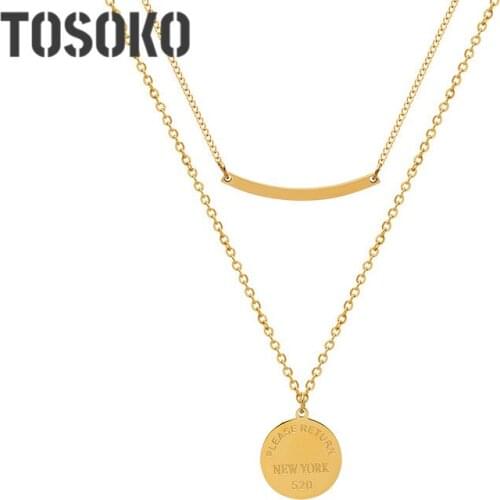 TOSOKO Stainless Steel Jewelry Round Brand Pendant Smile Double Layer Stacked Necklace Womens Fashion Clavicle Chain BSP976