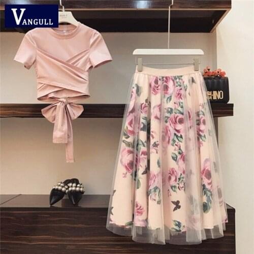 Vangull High Waist Sexy Irregular T Shirt+Mesh Skirts Suits Bowknot Vintage Floral Skirt Sets Elegant Woman Two Piece Set