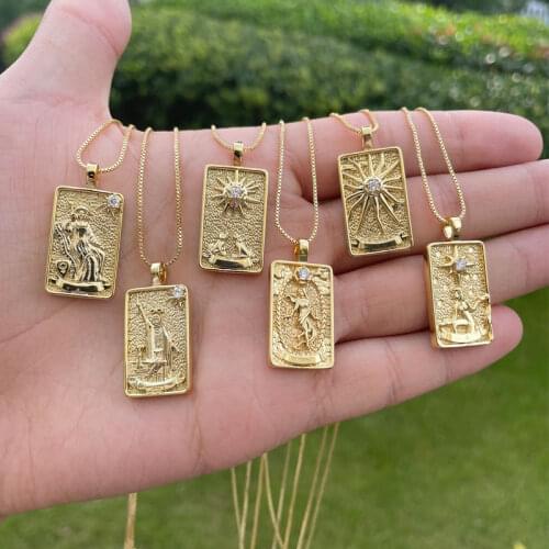 Vintage Tarot Cards Necklaces For Women Gold Plated Zircon Square Necklace Punk Moon Sun World Pendant Creative Jewelry Gifts